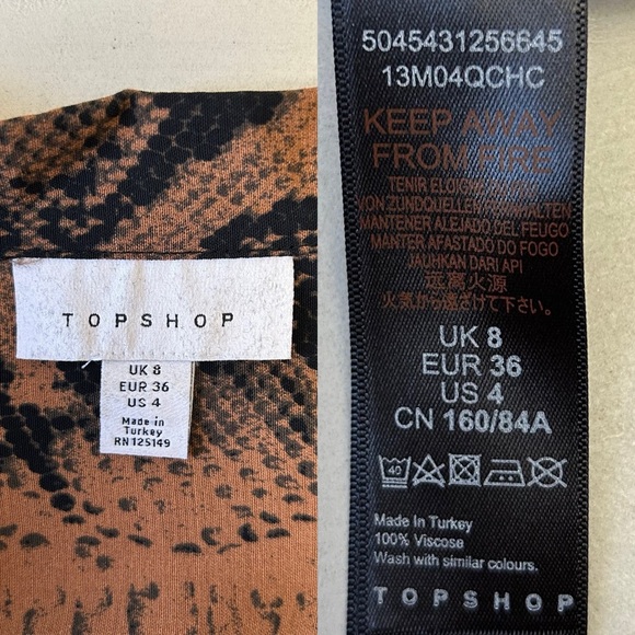 Topshop Snake Print Button-Up Shirt Blouse Brown and Black Size 4 - Picture 9 of 15